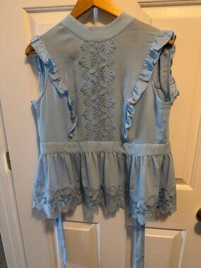 New York & Company Blue Lace Ruffle Peplum Tie Waist Blouse M